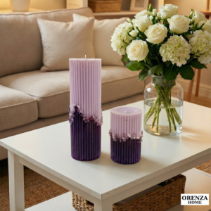 Two Shades Of Purple Pillar Candle with Stone Outline