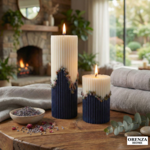 Sapphire Blue & White Pillar Candle with multi Colour Stone Outline